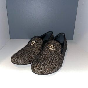 CHANEL Women's Loafers in Black and Gold Tweed